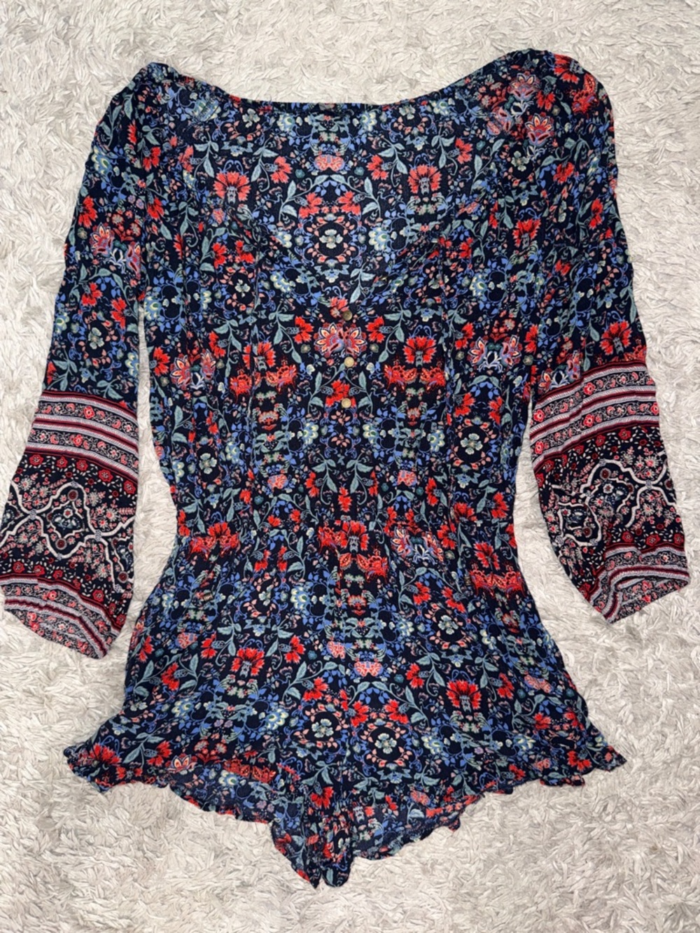 American Eagle Outfitters Navy Floral Romper with Red Accents